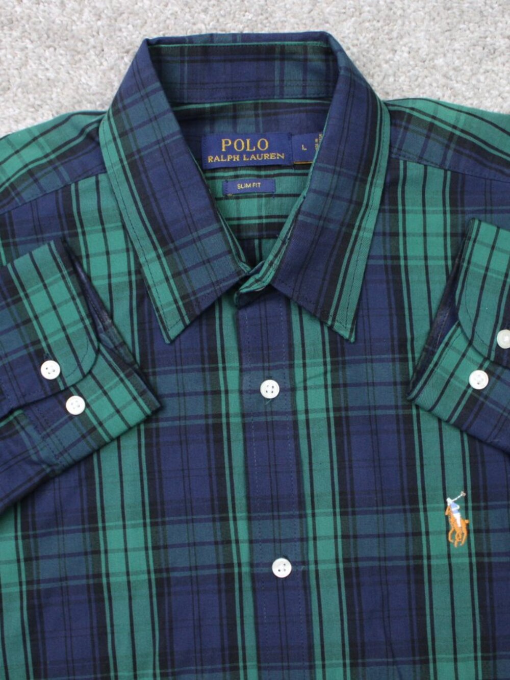 POLO Ralph Lauren Shirt Mens Large Green/Blue Flannel Slim Fit Flesh Pony L/S